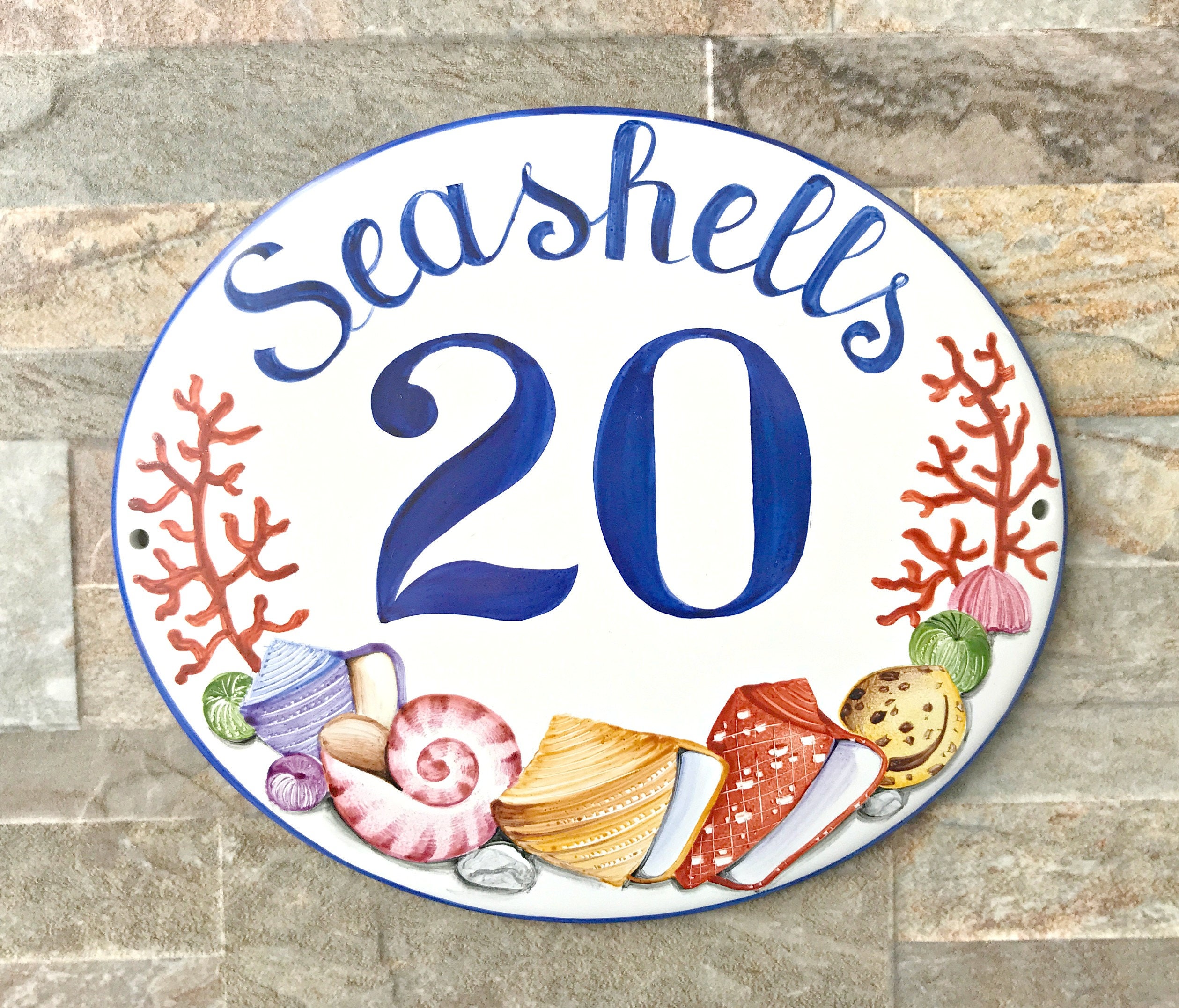 House Numbers Shells Personalized Beach House Numbers Sign, Shells & Coral Decor, Ceramic ...