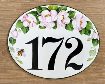 House Number Sign Custom Address Plaque Pink Magnolia, Ceramic Address sign Personalized cottage sign outdoor, New home giftgift