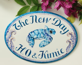 Blue Sea Turtle Personalized house sign, Mosaic address sign for beach house, Coastal
