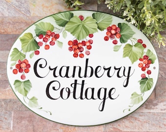 Personalized cottage name sign, Ceramic Address plaque Cranberry, Farm sign, Custom garden sign, Welcome sign front door