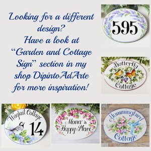 May include: Five different ceramic cottage signs with various designs. The signs are oval shaped and feature a white background with painted designs. The designs include a butterfly, a hummingbird, a wagtail bird, a floral design, and a house number. The signs are all hand-painted and have a rustic charm.