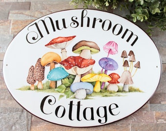 Personalized outdoor house sign, Cottage core decor sign Mushroom, House name plaque, Custom farm sign