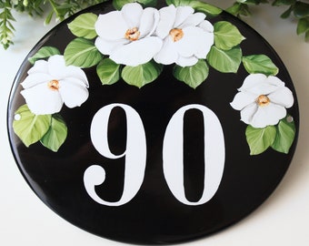 Black House Numbers with Magnolia, Address number sign, Ceramic address plaque, Custom front door sign, Magnolia sign