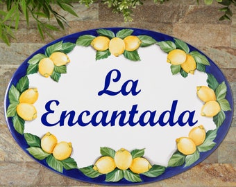 Personalized lemon House name sign address plaque ceramic, Custom family sign Outdoor, New home housewarming gift