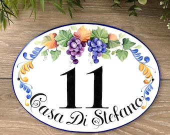 Ceramic House Numbers, Address Sign with Grapes, Family Name Plaque Outdoor, Made in Italy