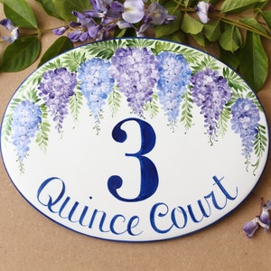 Wisteria house number sign Personalized address numbers for home, Cottage name sign Ceramic, Custom Door sign, wedding gift for couple image 1