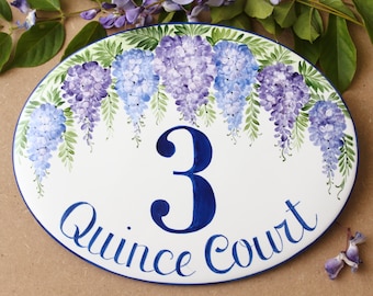 Wisteria house number sign Personalized address numbers for home, Cottage name sign Ceramic, Custom Door sign, wedding gift for couple