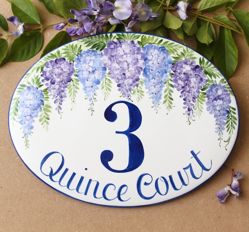 Wisteria house number sign Personalized address numbers for home, Cottage name sign Ceramic, Custom Door sign, wedding gift for couple image 1