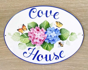 Letrero con el nombre de la casa con hortensia, placa de dirección para la casa, letrero familiar de cerámica al aire libre