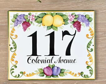 Custom Ceramic address numbers tile lemons, House number plaque Mediterranean Outdoor decor