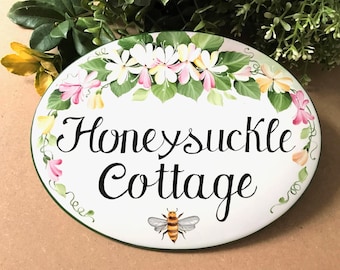 Honeysuckle Ceramic House Sign, Outdoor Cottage name Plaque, Garden Decor, Made in Italy