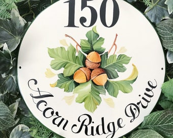 Round Address plaque Hand painted with acorns, House sign, Outdoor house numbers.