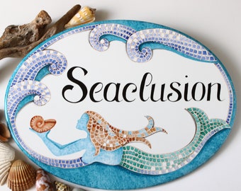 Personalized Mermaid house name sign, Mosaic ceramic Address plaque, coastal sign for beach house