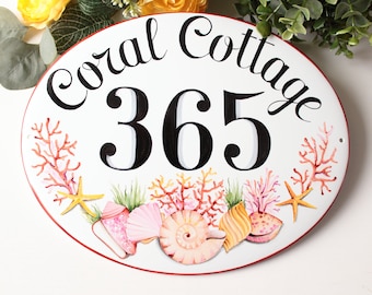 Personalized House number plaque, Pink corals and shells, Address sign for beach cottage