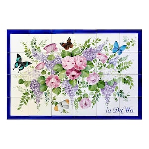 Mattonelle decorative in ceramica per ingresso casa, Pannello dipinto a mano con fiori e farfalle, targa personalizzata da esterno
