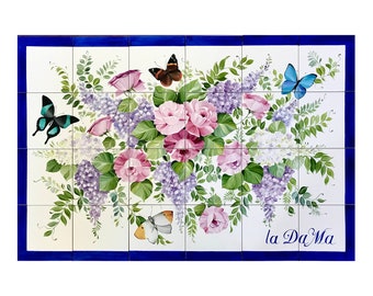 Mural de azulejos al aire libre de cerámica pintado a mano, azulejos personalizados, decoración del hogar, flores y mariposas