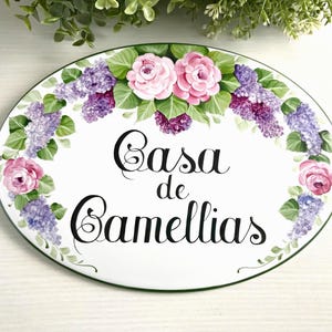 Camellias Cottage Name Sign, Ceramic house plaque, Outdoor Patio Decor, Garden Art