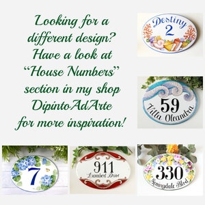 May include: A collection of hand-painted ceramic house number signs with various designs. The signs feature numbers, street names, and decorative elements like flowers, seashells, and waves. The signs are oval-shaped and have a white background with colorful accents.