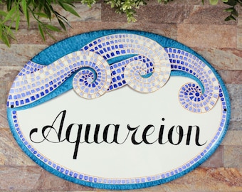 Mosaic Beach House Sign, Custom Outdoor Name Plaque, Coastal Beach Decor Personalized for Home