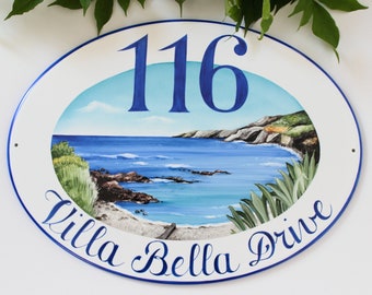 Ceramic address plaque, Custom beach house sign, House number plaque, House address sign, Outdoor house signs, Custom signs, Ocean decor