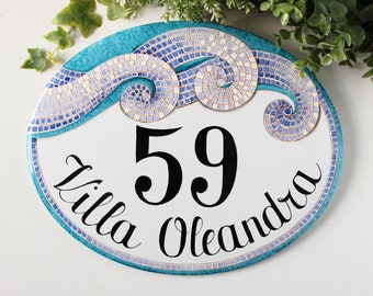 Mosaic address numbers ceramic, House number sign, address plaque outdoor Beach house sign