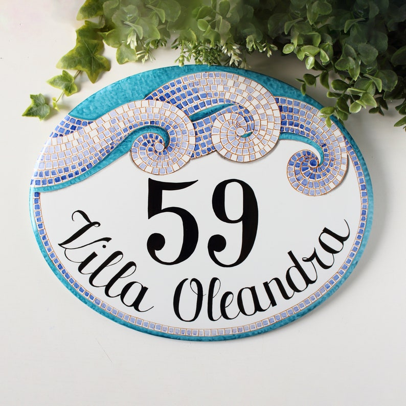 Custom ceramic House number sign, teal color, mosaic style, outdoor house name sign for beach cottage