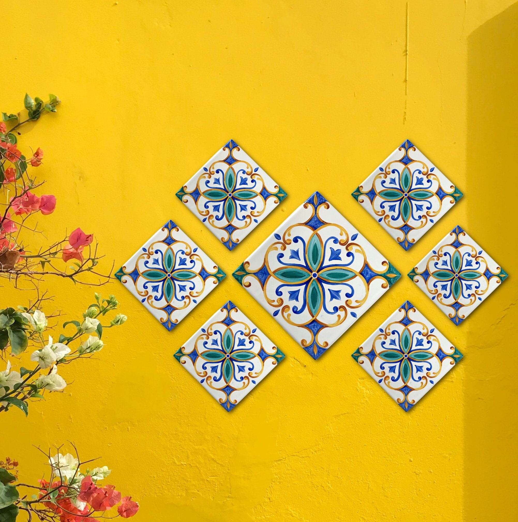 Ceramic Tile art, Set of decorative tiles for wall art, Hand painted Spanish tiles, Patio decor