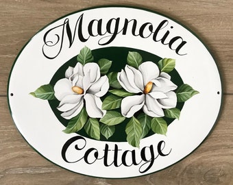 Personalized Name Sign Outdoor For Cottage Magnolia Flower Custom Welcome Sign Front Door, Ceramic Hand Painted House Plaque