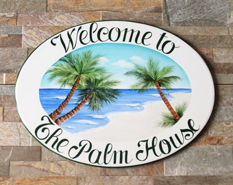 Personalized beach house sign, Palm tree sign, Outdoor Welcome sign, Beach decor for cottage, Beach house gift idea