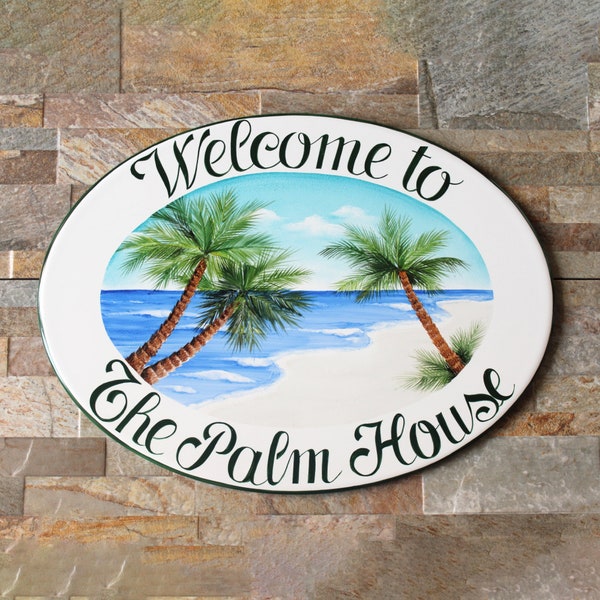 Personalized beach house sign, Palm tree sign, Outdoor Welcome sign, Beach decor for cottage, Beach house gift idea