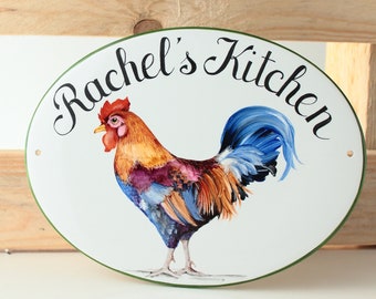 Rooster country kitchen sign personalized with name, Ceramic kitchen sign, Country wall decor for farmhouse, Hen house sign