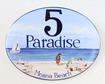 Personalized Beach house numbers with ocean, Beach home sign, Coastal beach house sign, Beach wall hanging sign, Outdoor house numbers