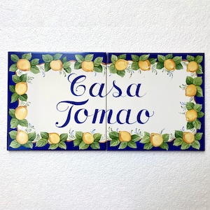 Hand painted tile mural, Personalized name sign with lemons, Custom ceramic tiles, outdoor home decor
