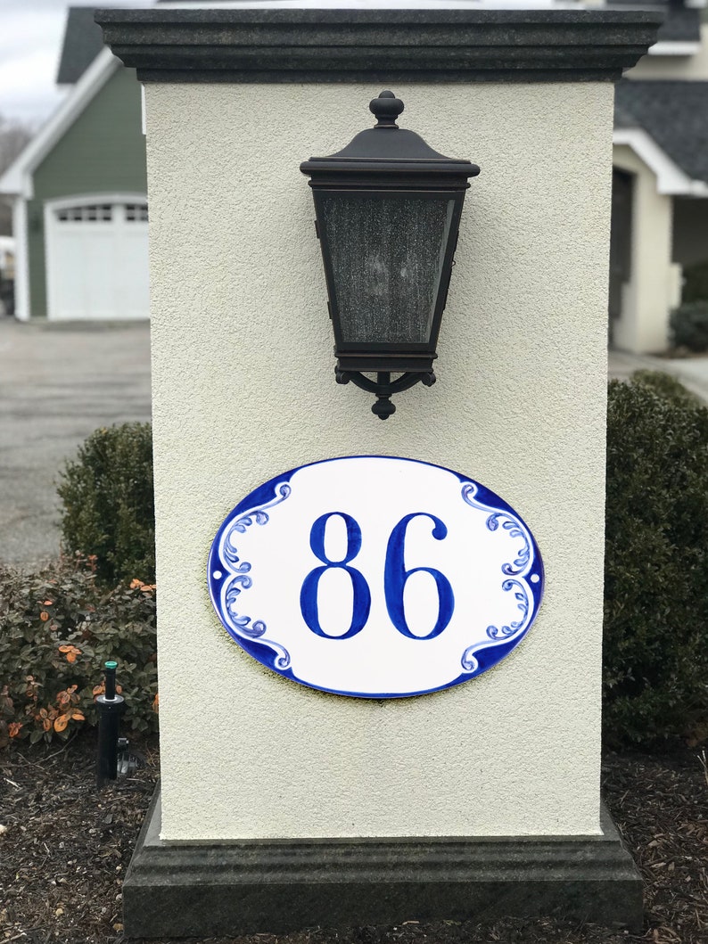 Oval custom House numbers Ceramic address plaque blue, Entryway door sign, House number sign, Address sign outdoor, Gift for the home image 2