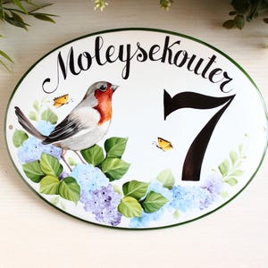 Numero civico personalizzato, Targa in ceramica con uccellino Pettirosso, Targa con nomi per la casa