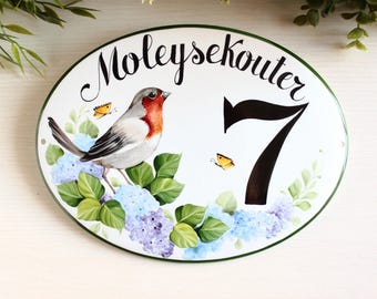 Robin-naambord, keramische huisnummerplaat, aangepaste adresnummers, tuinmuurdecoratie