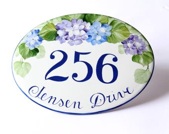Blue Hydrangea Ceramic House Numbers, Custom Address Sign, Door Plaque