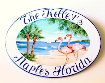 Beach house name sign personalized with pink Flamingos, Coastal address plaque Flamingo artwork, Beach house wall decor, Custom sign outdoor