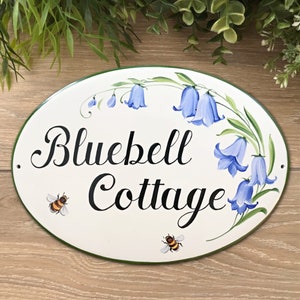 Targa in ceramica con nome della casa personalizzata con Campanule blu