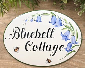 Bluebell cottage sign, ceramic house plaque personalized with names, gift for the home