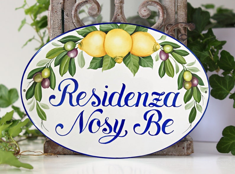 Custom outdoor sign with lemons and olives, Personalized house name sign Ceramic image 7