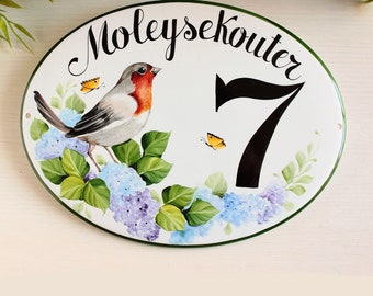 Robin house number plaque, Address sign, Ceramic House numbers, Personalized Garden plaque for outdoor