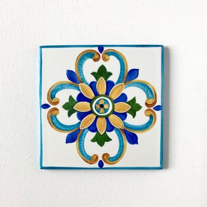 Decorative tiles for porch or patio, Outdoor Ceramic wall art, Hand painted tile turquoise, Mediterranean style, Custom tiles imagem 2