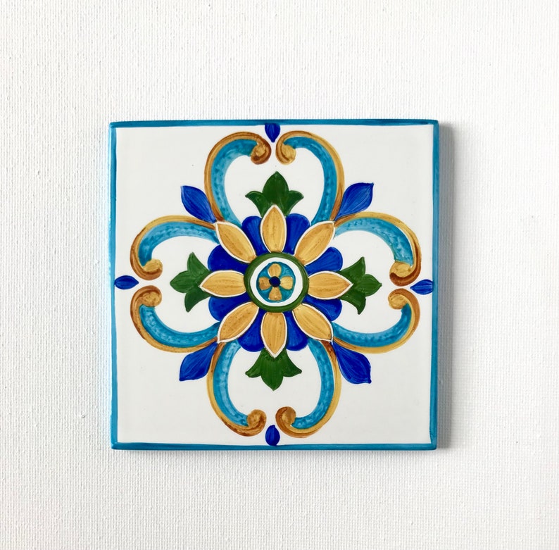 Decorative tiles for porch or patio, Outdoor Ceramic wall art, Hand painted tile turquoise, Mediterranean style, Custom tiles imagem 2