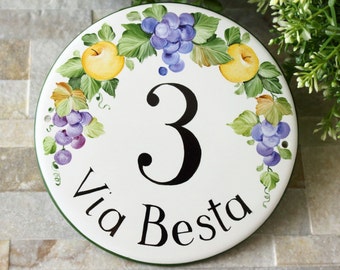 Round ceramic House Numbers with grapes and apple, Address Plaque with family name, front door sign