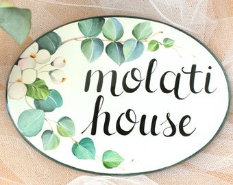 Eucalyptus Leafs House Name Sign, Hand painted Outdoor Family Plaque