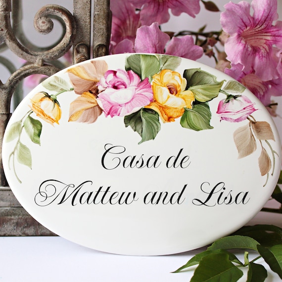 Custom Name House Plaque, Hand-Painted Roses Ceramic Door Sign