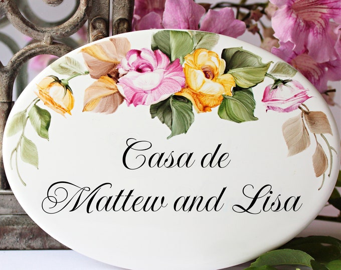 Outdoor Custom Family Name Sign with Roses, Cottage House Sign Ceramic, Personalized Wedding Gift, Hand Painted