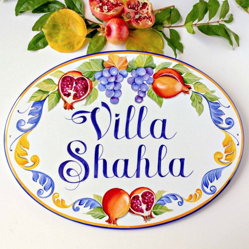 House name sign for Villa hand painted with pomegranate and grapes, ceramic outdoor cottage sign