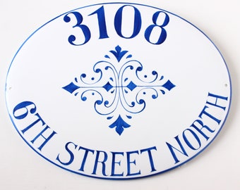 Blue custom ceramic house number plaque, address sign for outdoor